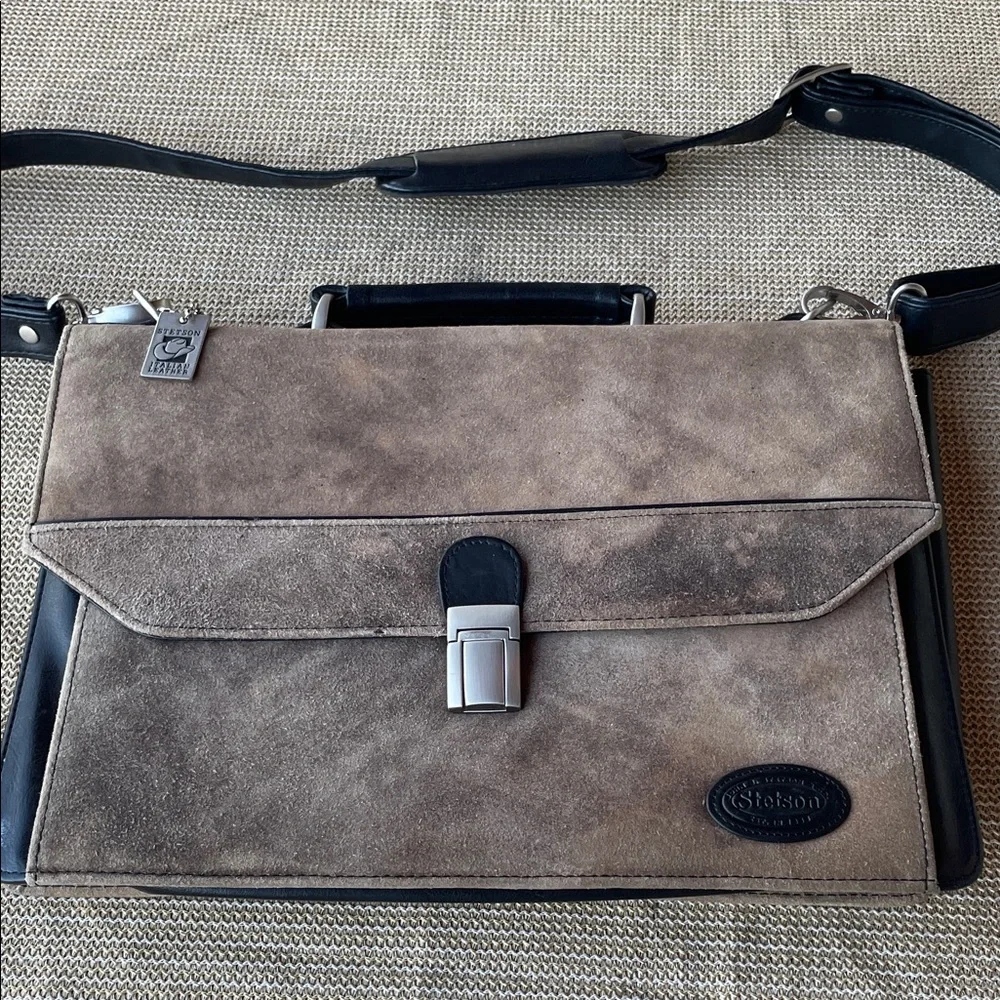 Stetson Taupe Brown Suede Men's Briefcase and laptop with Black Trim.